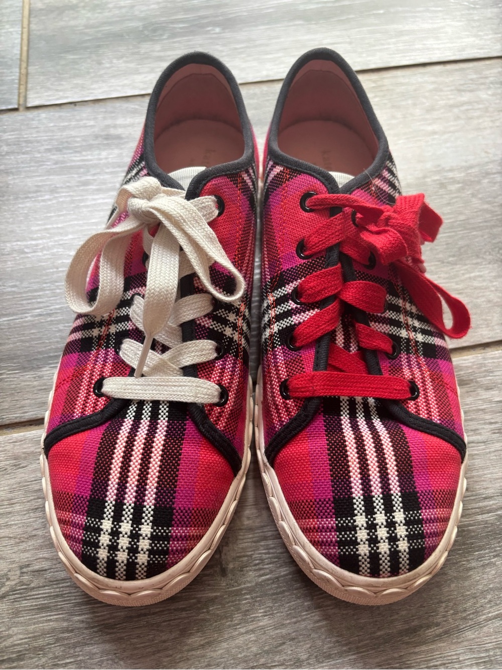 Women's Kate Spade Pink and Red Plaid Canvas Sneakers with Mixed Laces